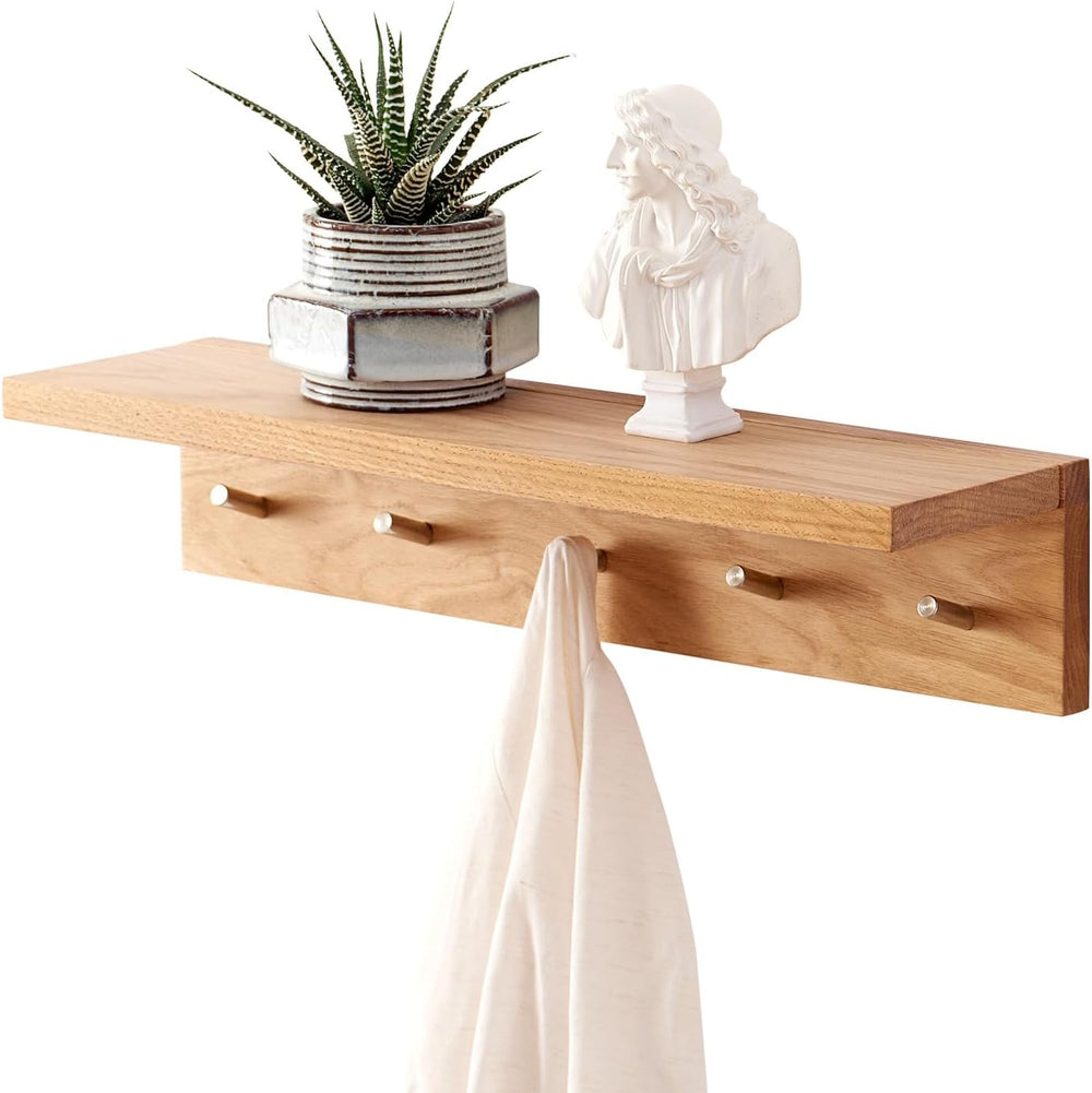 Coat Rack Shelf Wall Mounted Oak Wood Entryway Shelf with 5 Hooks Wall Coat H...