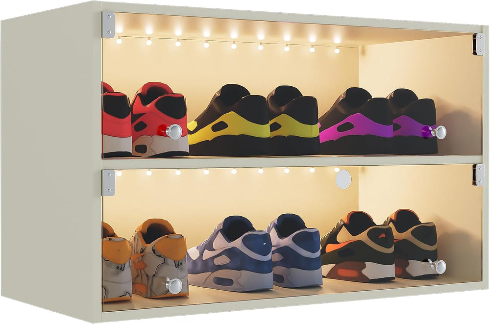 Wooden Shoe Storage Box, 2 Layers Shoe Organizer Storage Box with Glass Door,...