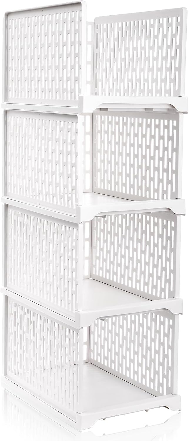 AVLA 4 Pack 38" Stackable Plastic Storage Basket, Plastic Foldable Close...