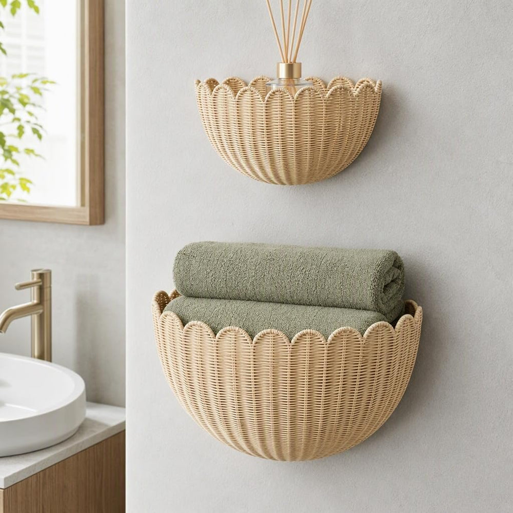 Scalloped Wall Basket Set of 2,Boho Hanging Wicker Wall Baskets