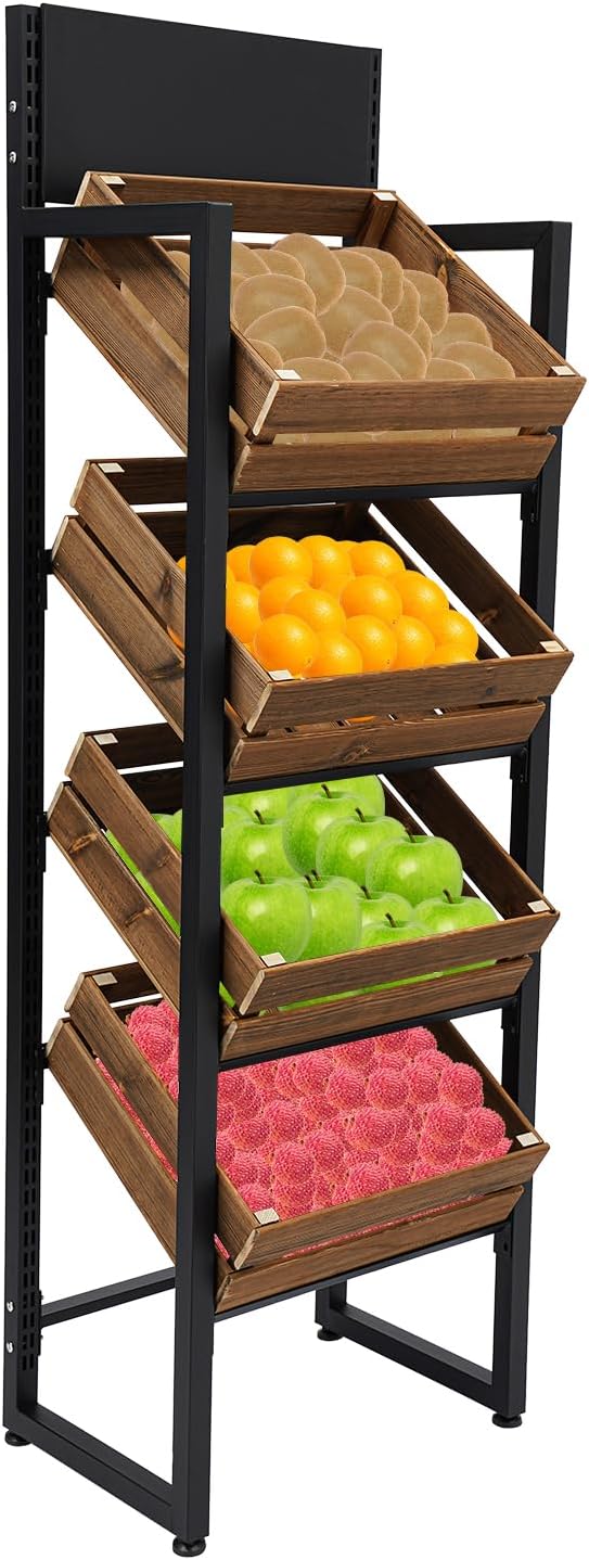 Market Retail Display Rack, 4-Tier Wood Fruit and Vegetable Storage Rack Retail Display Stand, Fruit Basket Stand Vegetable Storage Holder Snack Stand Utility Shelf Organizer for Home Store