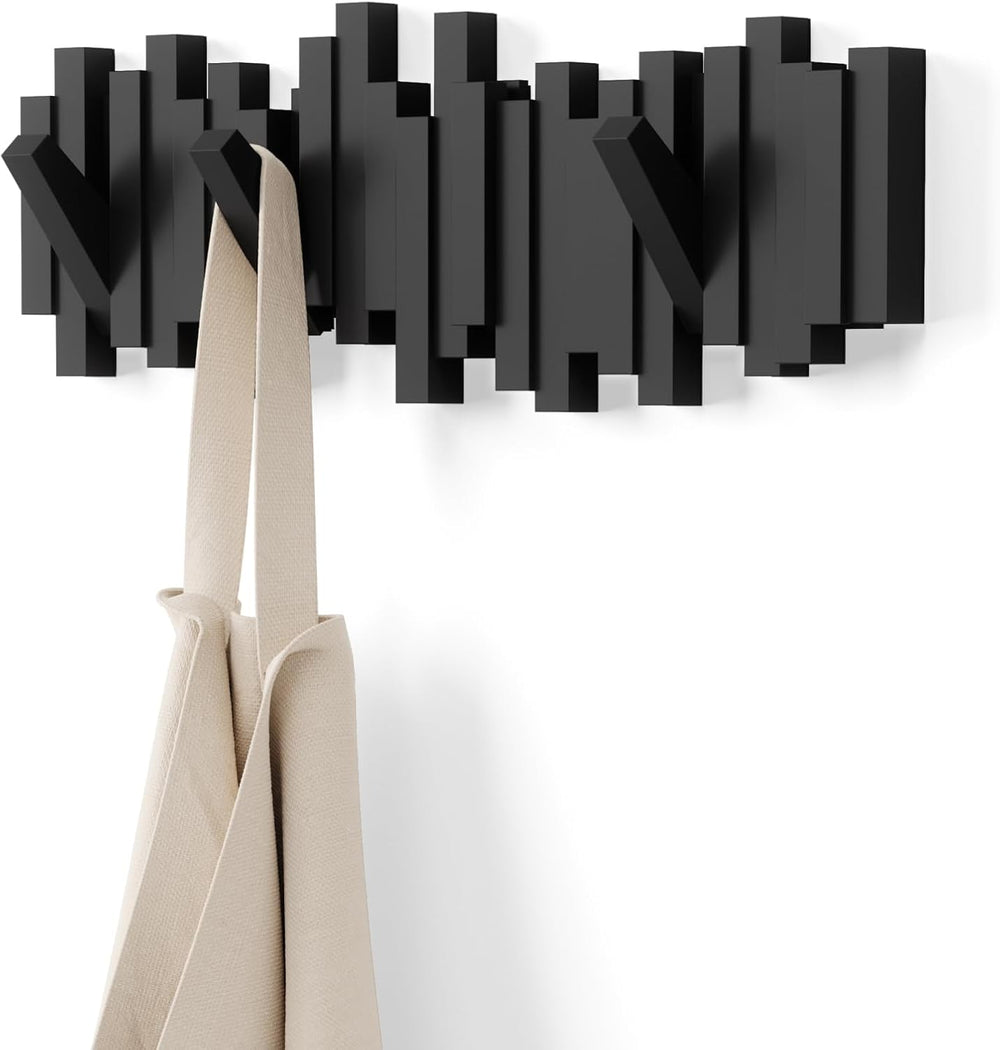 Umbra Sticks Wall Mount Coat Rack, 5 Hook Retractable Pegs, Black