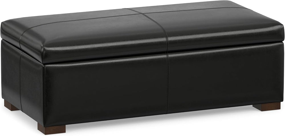 SIMPLIHOME Gabbie 48" Wide Vegan Leather Storage Ottoman in Midnight Black