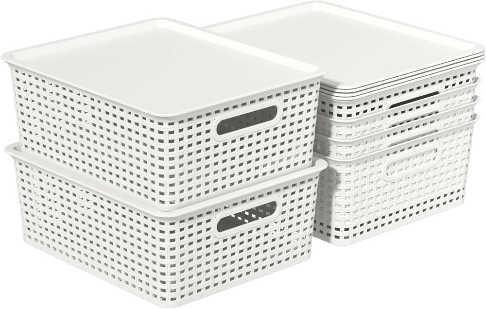 Plastic Storage Baskets with Lid, 6-Pack Organizer Bins, White