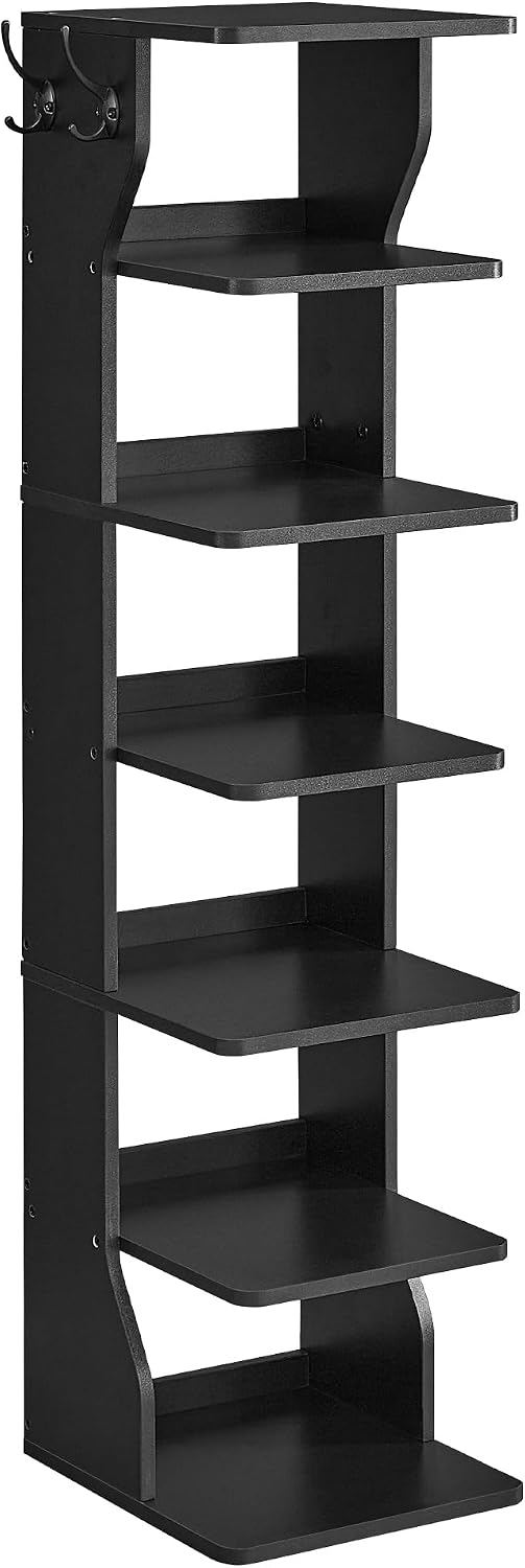 VASAGLE 7-Tier Vertical Shoe Rack, Narrow Shoe Storage Organizer with Hooks