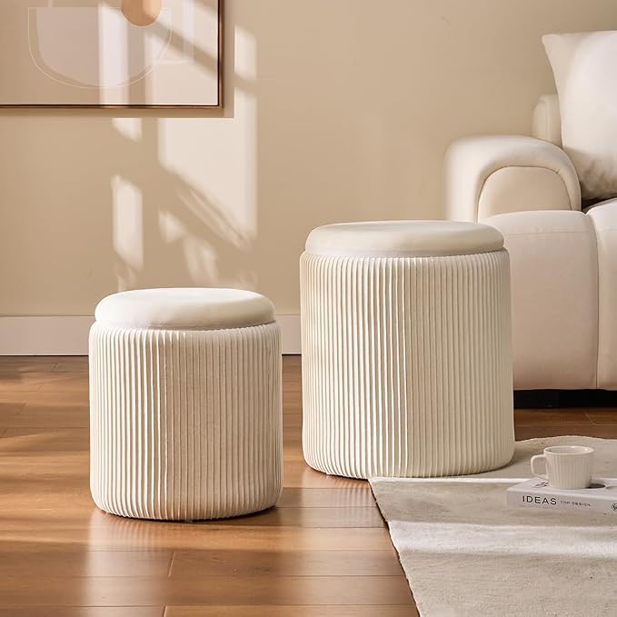 Round Set of 2 Ottoman with Storage-Upholstered Velvet Vanity Stool