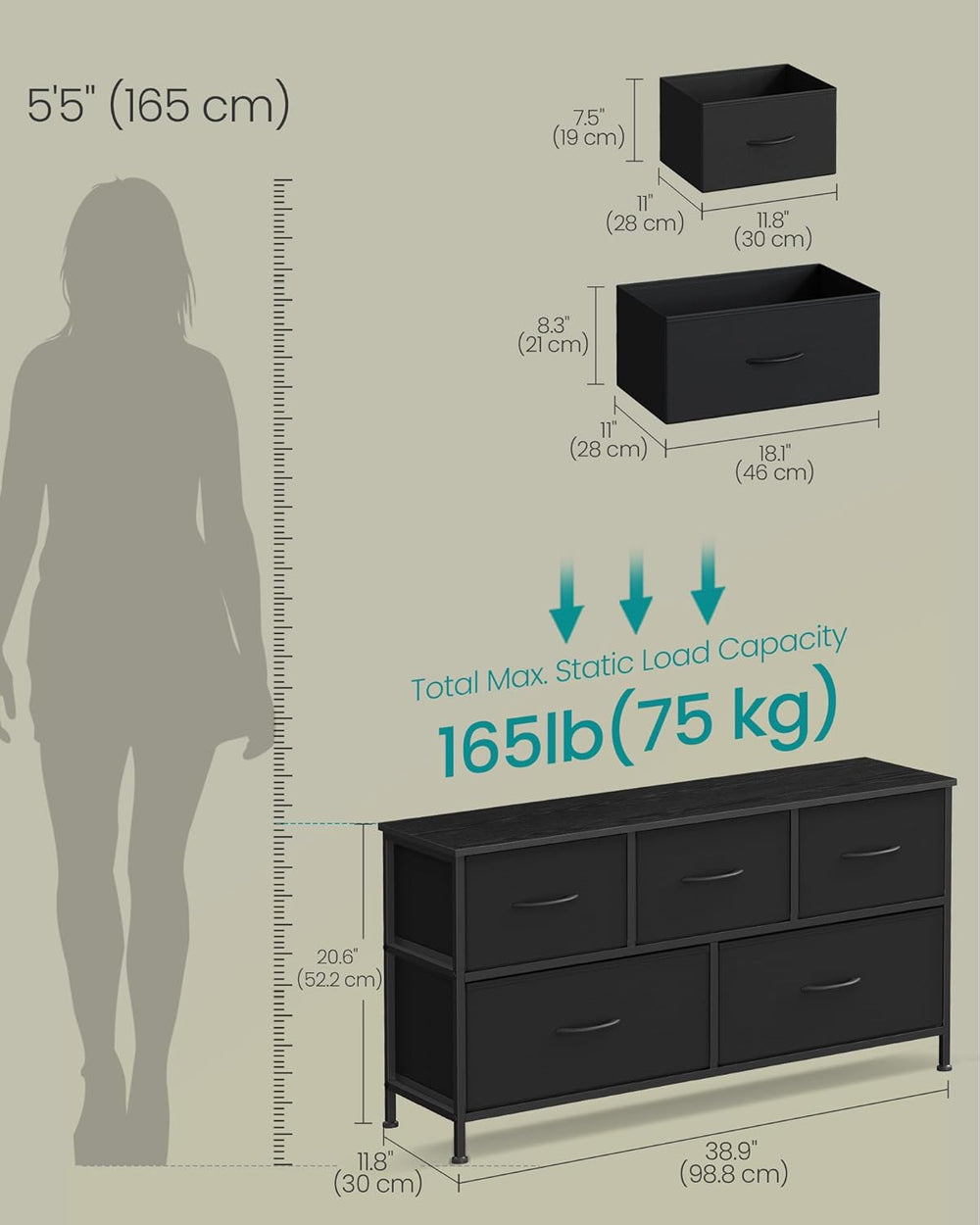 SONGMICS Dresser for Bedroom, Wide Dresser with 5 Fabric Drawers