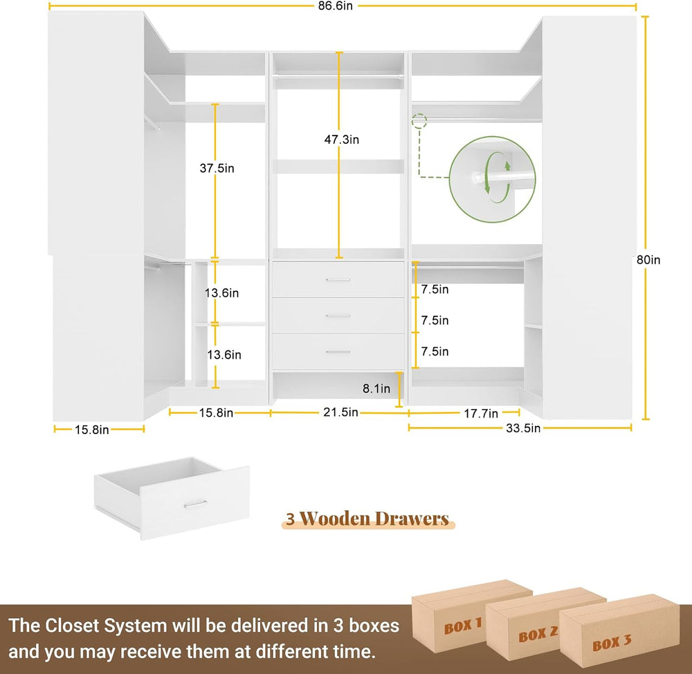 Aheaplus Closet System with Drawer,Hanging Rods, U-Shaped,Set of 3,White