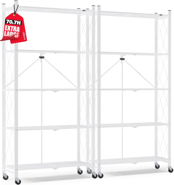 ALANNG 70.7" H Metal Storage Shelves, 5 Tier Folding Shelf on Wheels