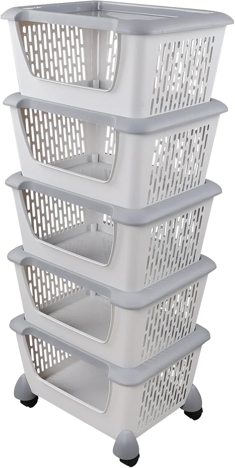5-Tier Stacking Storage Basket Tower with Wheels, Plastic Open Stacking Baske...