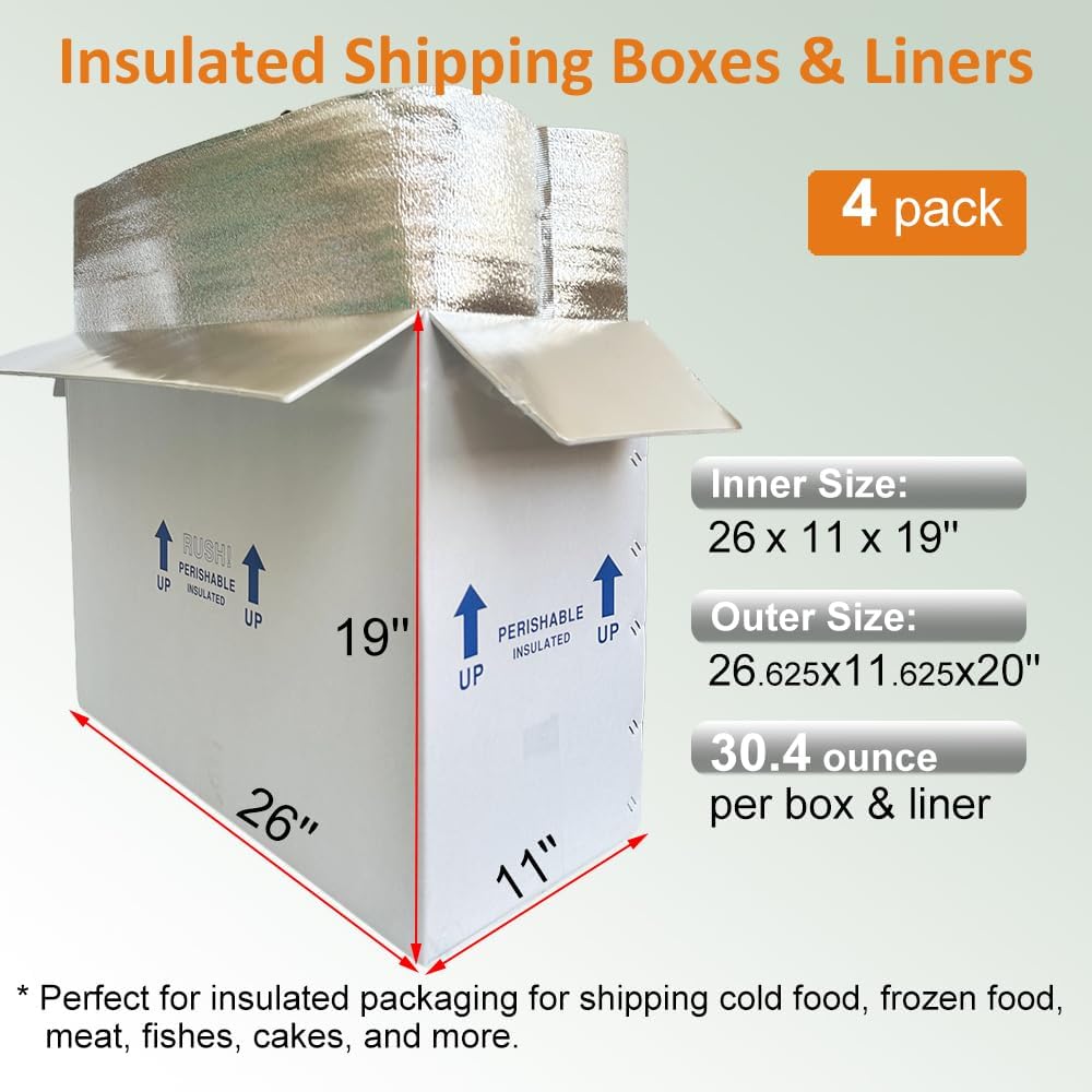 26x11x19'' Insulated Shipping Boxes with Bag Liners, Styrofoam Cold M...