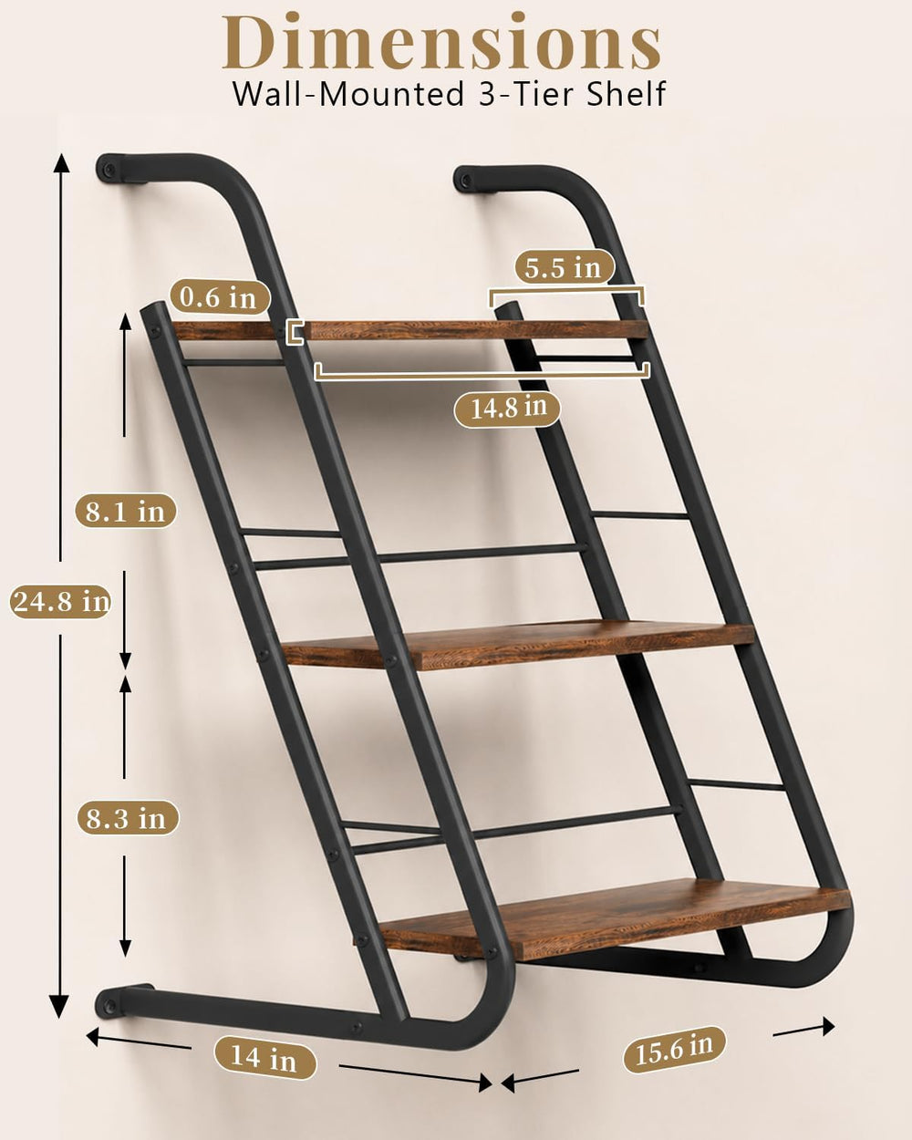 Floating Shelves for Wall,3-Tier Rustic Wood Ladder Wall Shelf,16" Brown