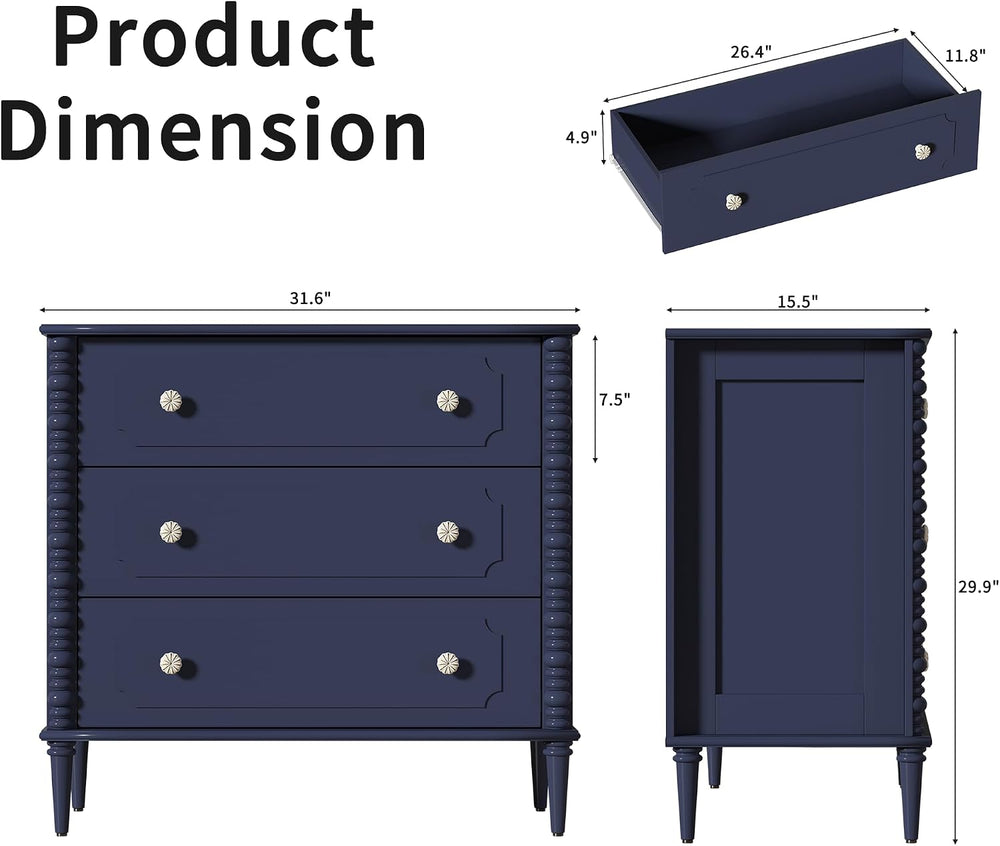 3 Drawer Dresser for Bedroom, 32" Wide Chest of Drawers, Blue