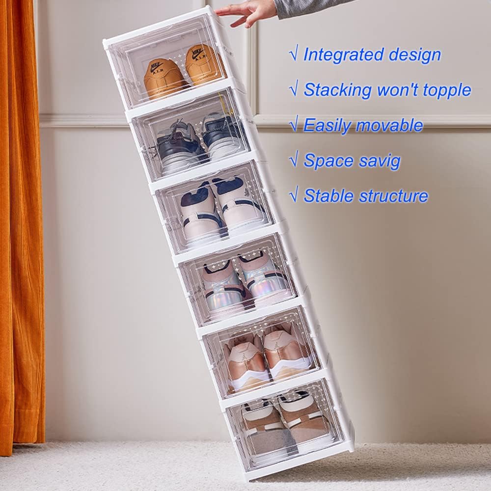 6-Tier Shoe Rack Shoe Storage Box Bins Clear Collapsible Plastic Accordion St...