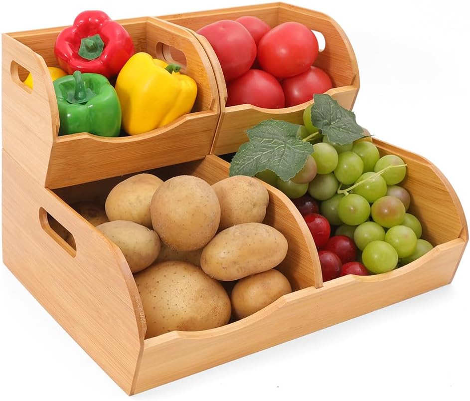Stackable Bamboo Pantry Organizer - 3-Piece Storage Basket Set for Potato, On...