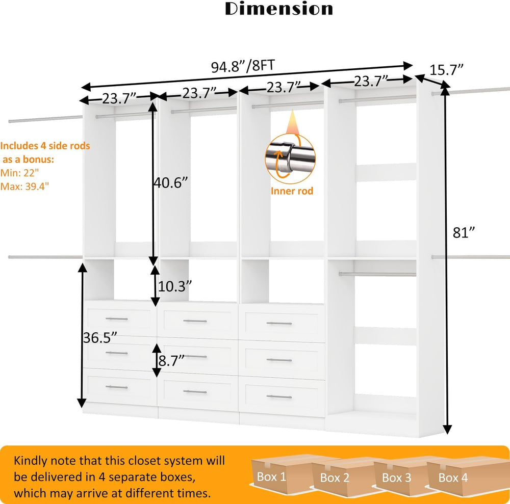 Closet System with 9 Drawers, 8FT-21FT Closet Organizer Systems with 9 Hangin...