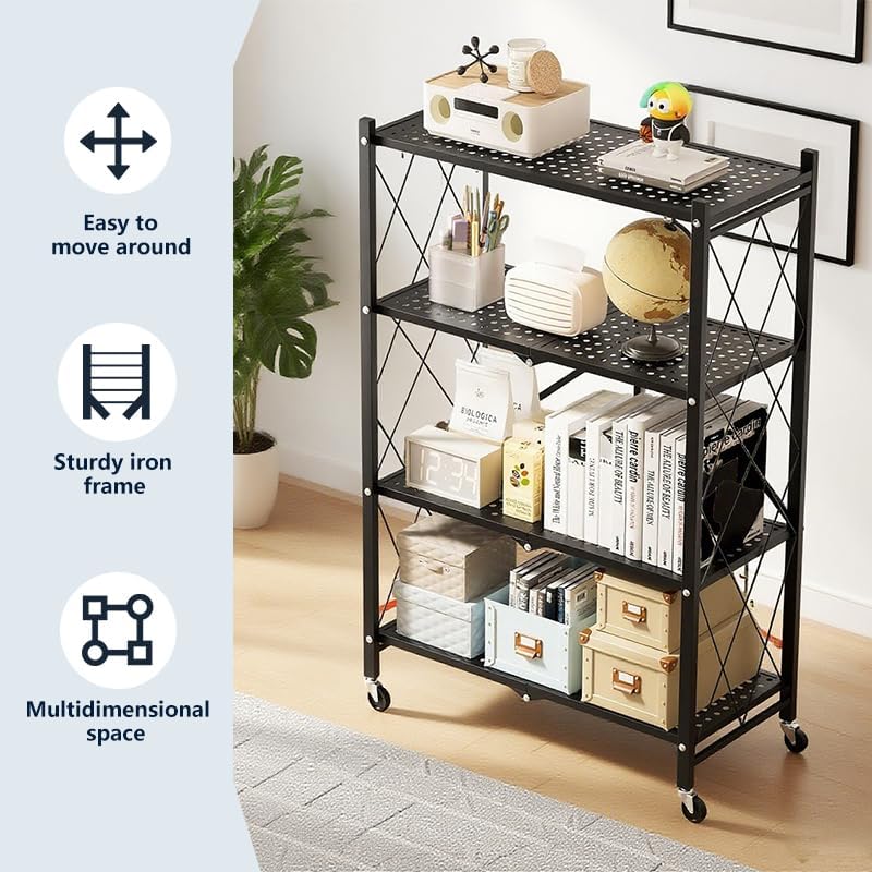 Four-Layer Foldable Storage Metal Shelf with Locking Wheels,Easy Assembly and...