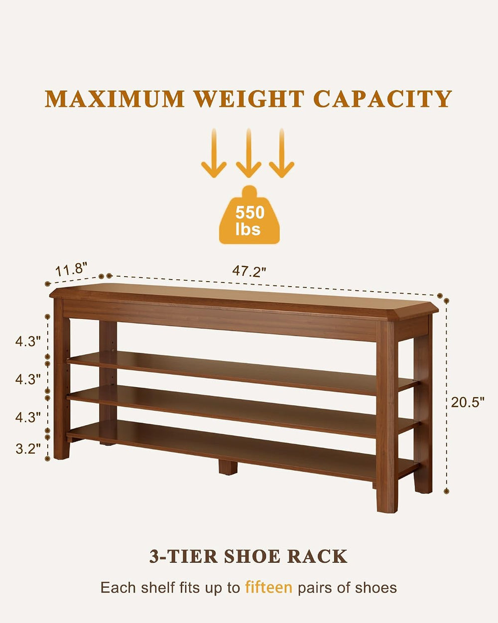 IUNVR Shoe Rack Bench Seat Rubberwood 3-Tier Wooden Storage Bench 550lbs Comp...