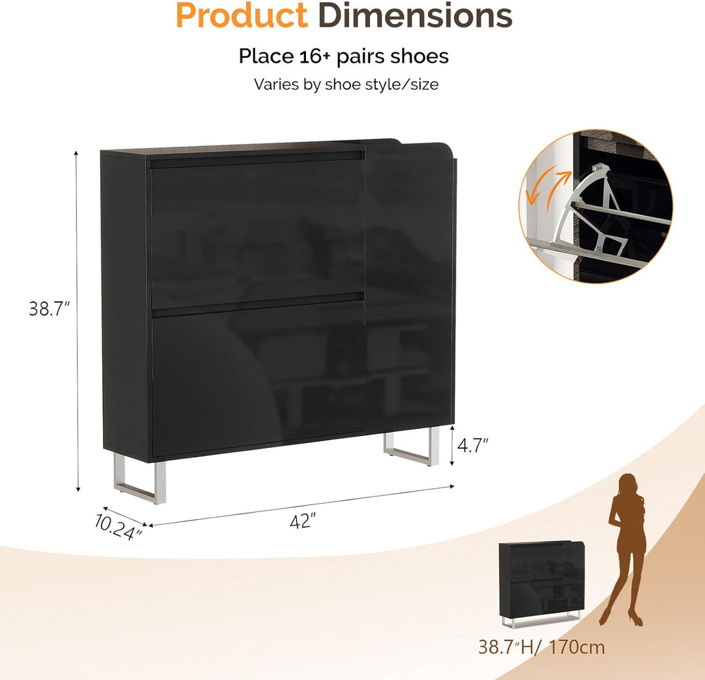 VINGLI Black Shoe Cabinet with LED Lights, Narrow Shoe Storage Organizer with...