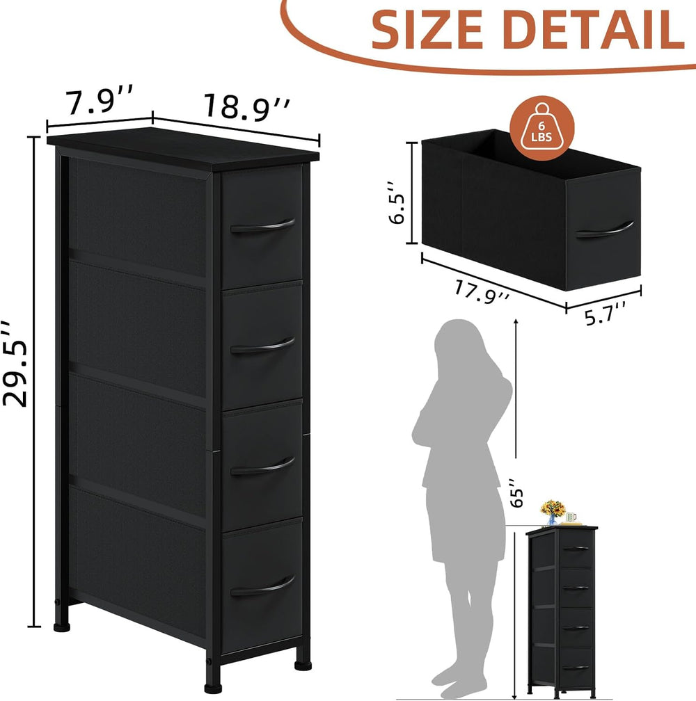 Somdot Narrow Dresser for Bedroom, 4 Drawer Storage Cabinet, Black
