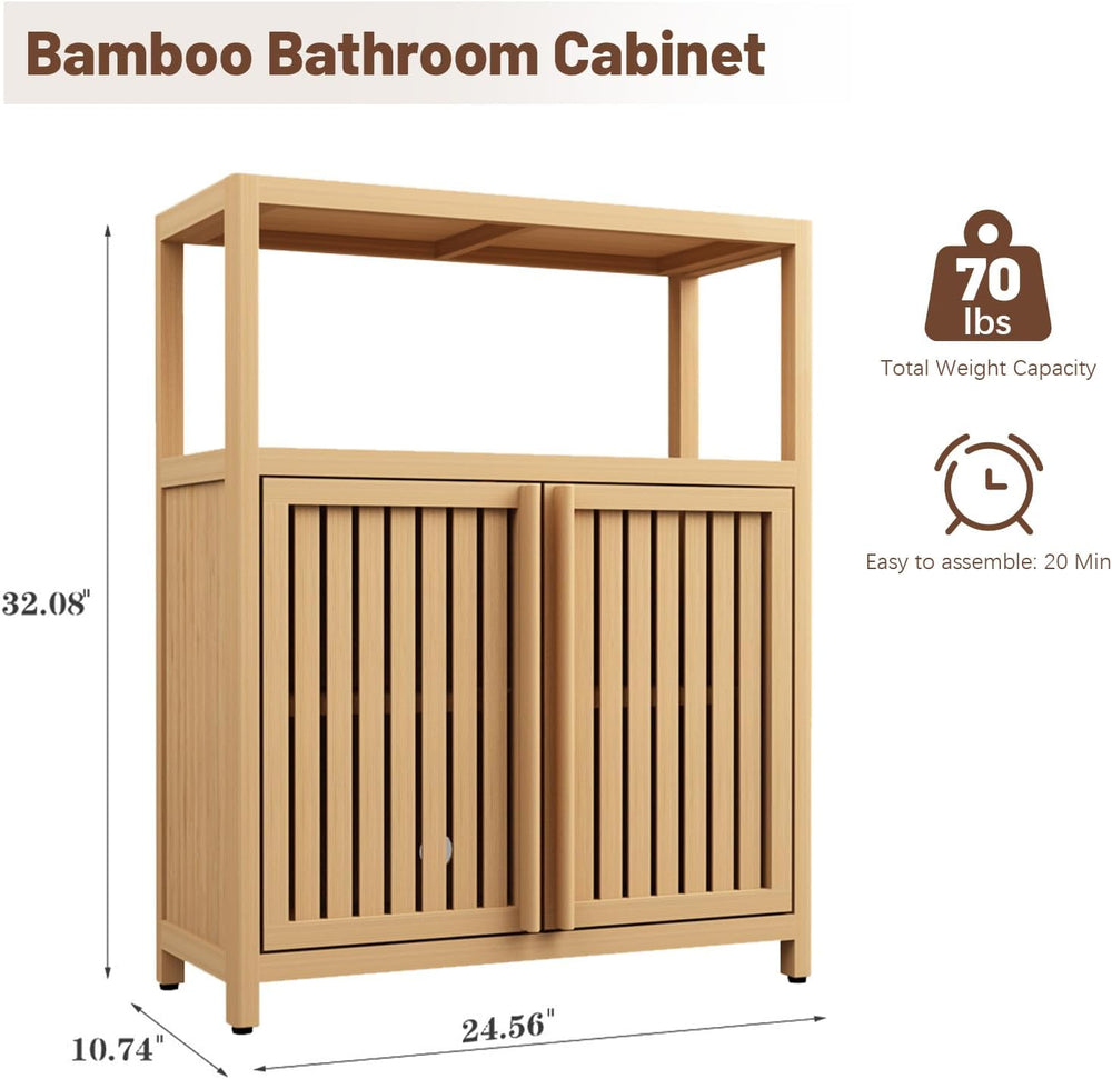 Bamboo Bathroom Storage Cabinet Furniture, Bathroom Floor Cabinet with 2 Shut...