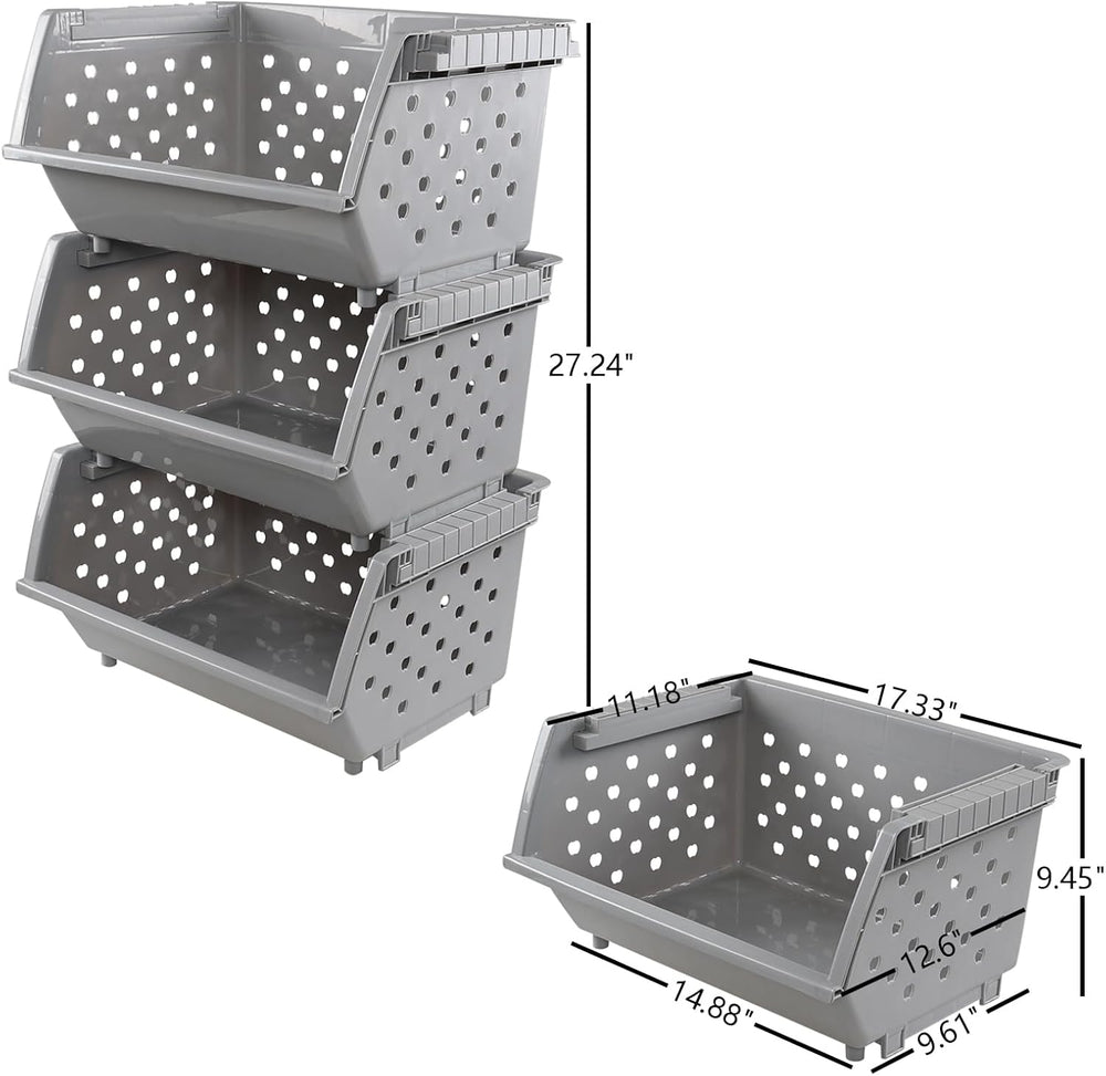 3 Pack Plastic Stackable Storage Baskets, Open Front, Grey