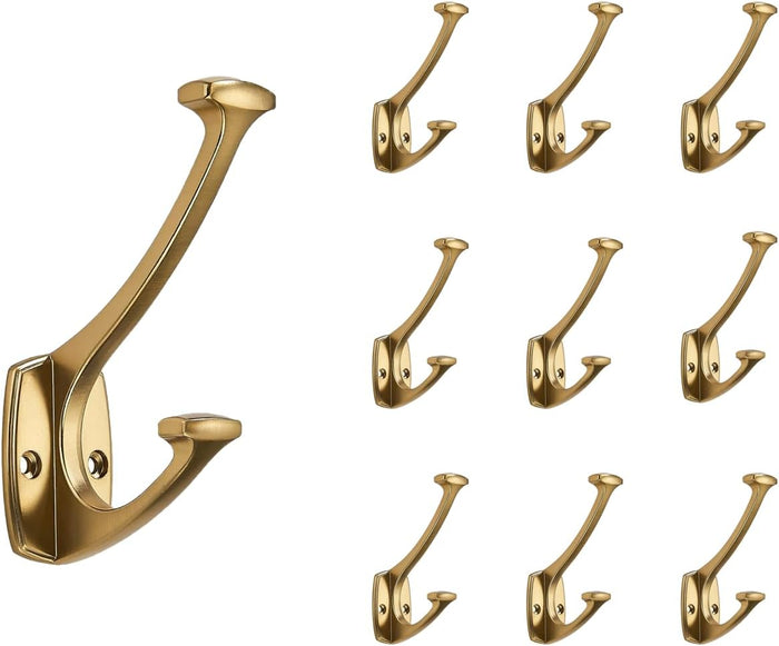 Brushed Brass Hooks Wall Mounted Decorative Solid Heavy-Duty Coat Hooks for Towels,Coats,Robes,Towels,Bag Behind The Door,Bathroom Wall Hooks (10 Pack)