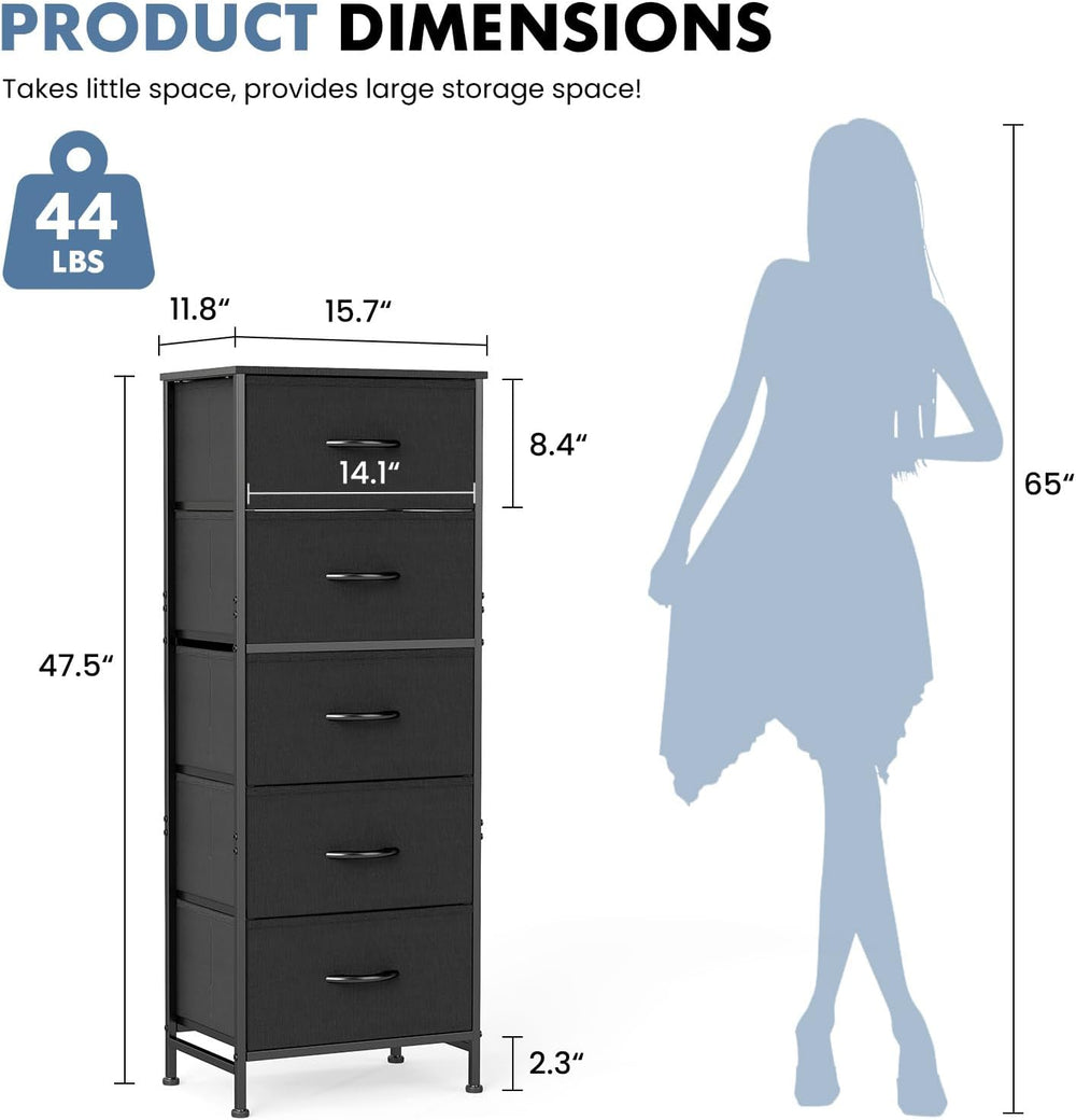 OLIXIS Tall 5 Drawer Fabric Dresser Storage Tower Bedroom Organizer, Black