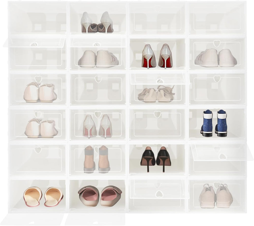 24Pcs Shoe Storage Box, Shoe Box Side Open, Clear Shoe Boxes Stackable, Plast...