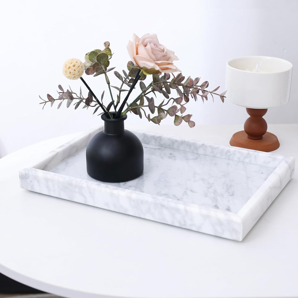 Yew & Tulip Natural Carrara White Marble Vanity Tray, Natural White Marbl...