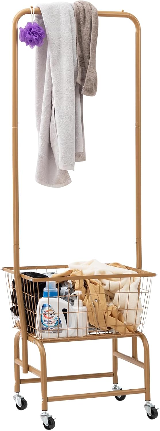 ALIMORDEN Rolling Laundry Cart with Hanging Rack & Metal Basket, Gold