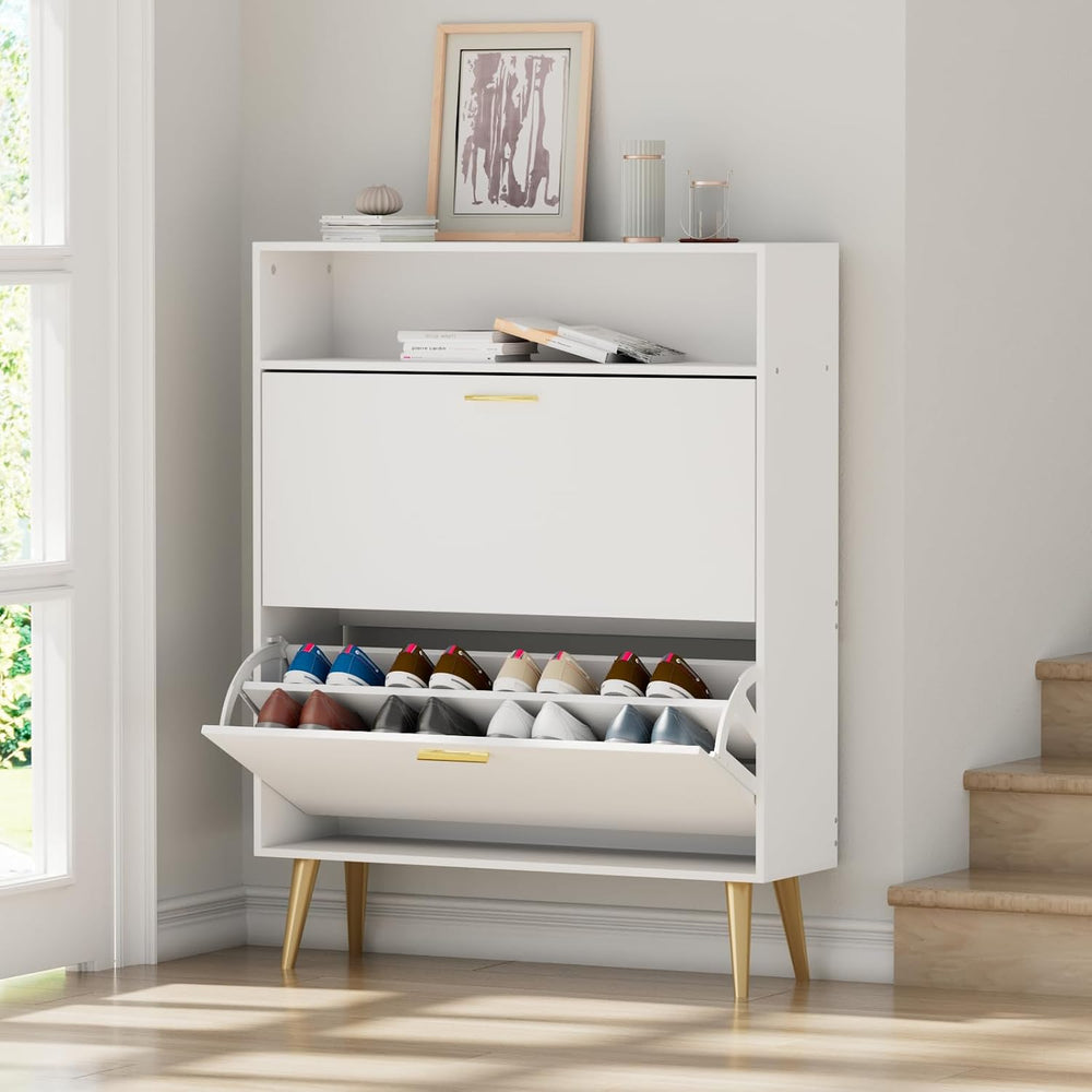 JOZZBY Shoe Storage Cabinet with 2 Flip Drawers and Open Shelves, White, 2PCS...