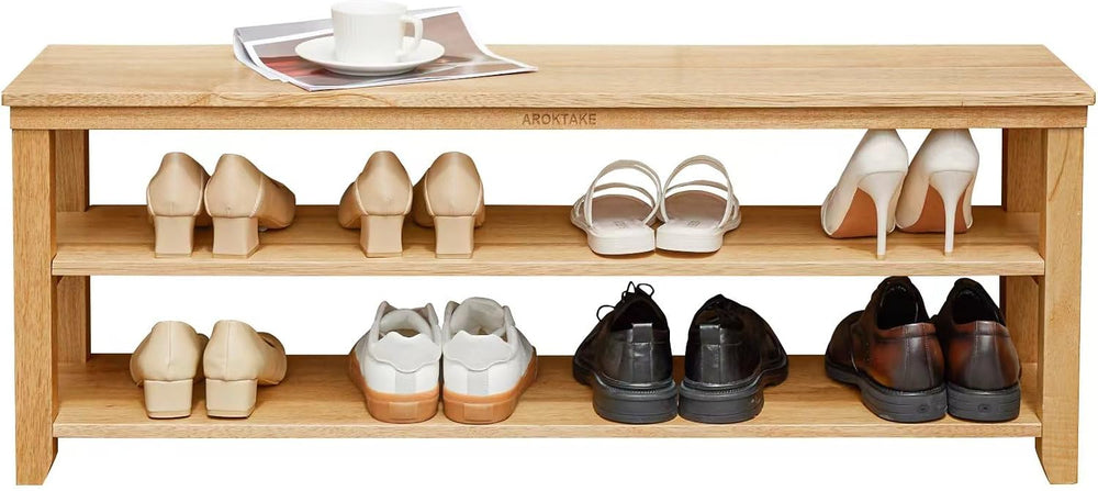 Natural Real Wood Shoe Rack Storage Bench, 11.81"x 45.7"x 16.54"