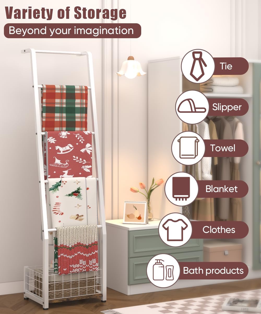 6.3ft Blanket Ladder with Storage Basket, 5 Tier Decorative Ladder Shelf Stan...