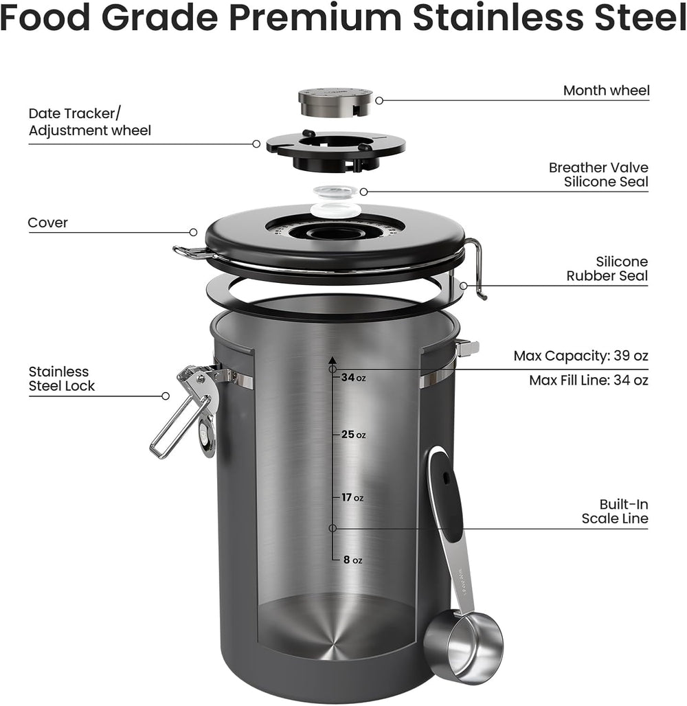 Veken Coffee Canister,39OZ, 2.2lbs,Large Airtight Stainless Steel Container