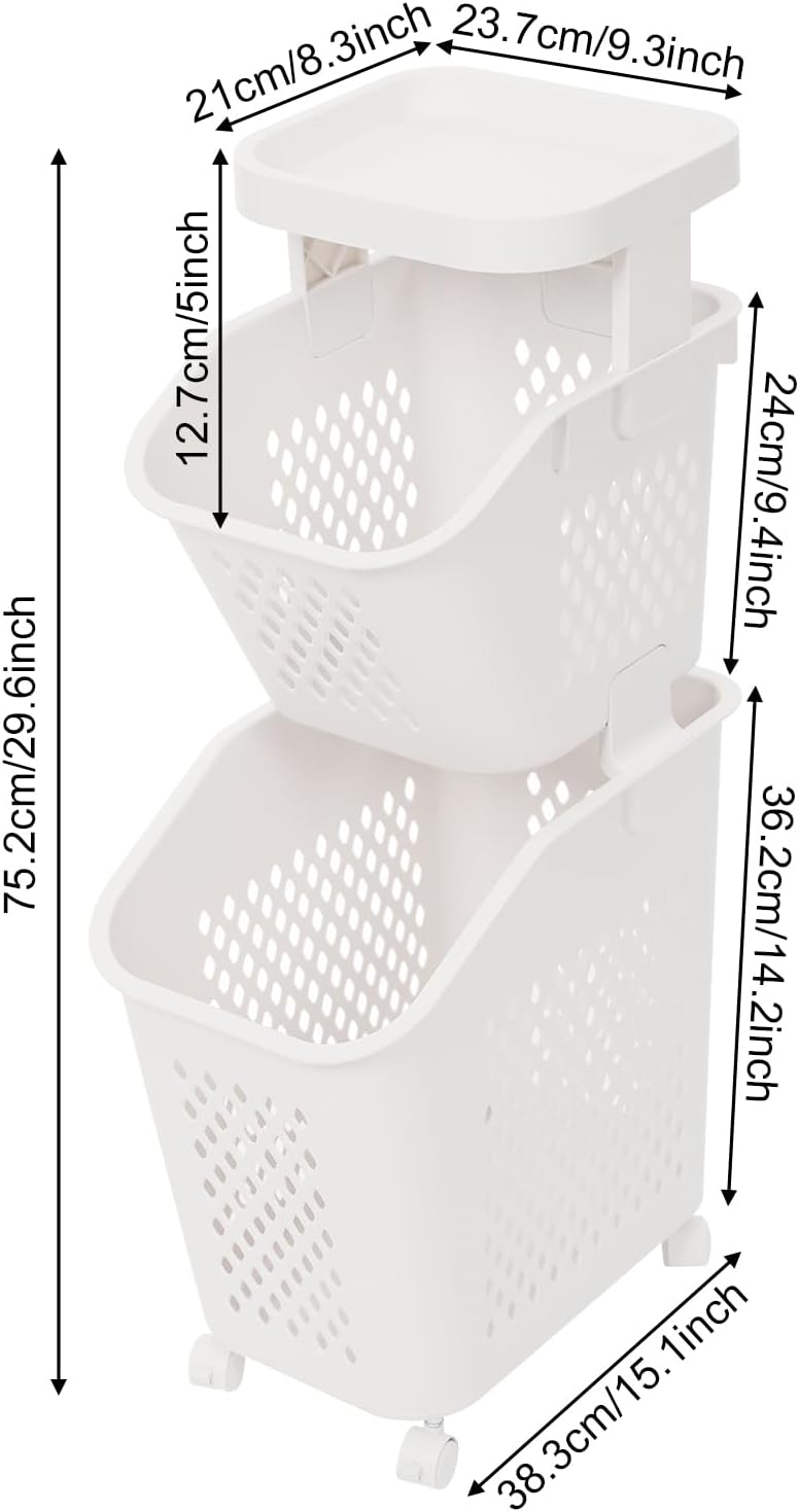 2 Tiers Rolling Laundry Hamper, White Plastic Laundry Basket Holder with Whee...