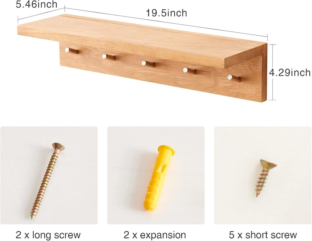 Coat Rack Shelf Wall Mounted Oak Wood Entryway Shelf with 5 Hooks Wall Coat H...