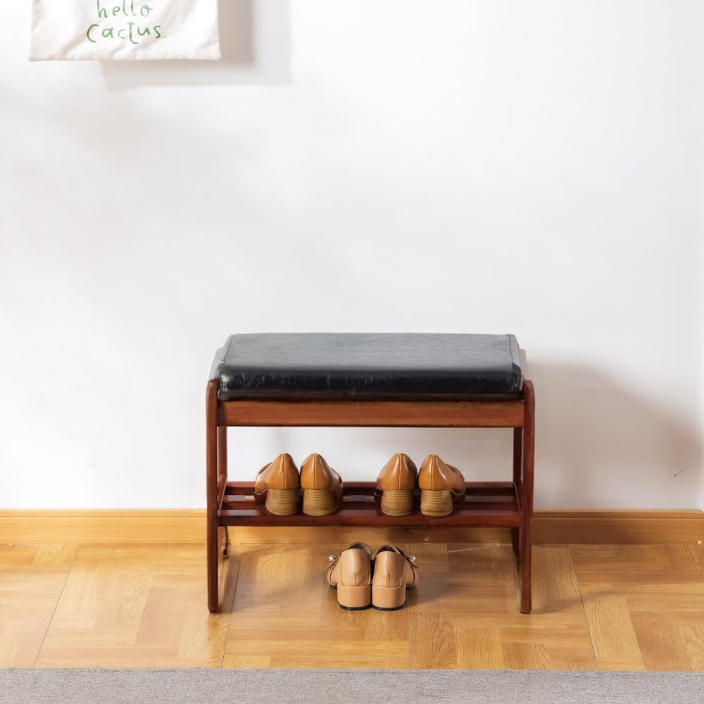 latifolia Solid Wood Bench, Entryway Shoe Bench with Cushion, 2 Tier Shoe Sto...