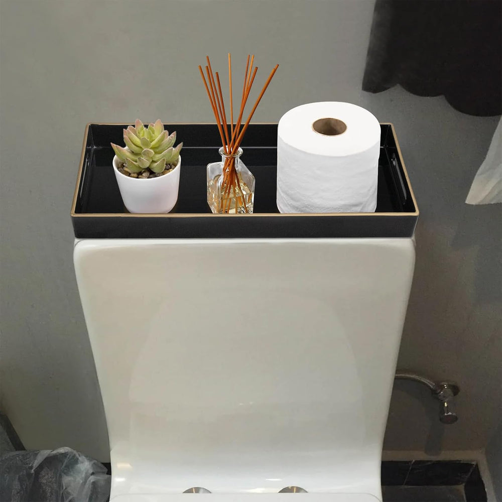 Black Vanity Tray Set of 2, Rectange Toilet Tank Trays with Handles
