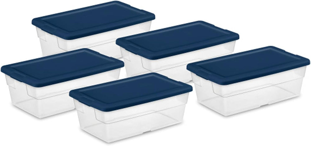 Sterilite Stackable 6 Qt Storage Box Container, Clear, Marine Blue Lid (60 Pack)