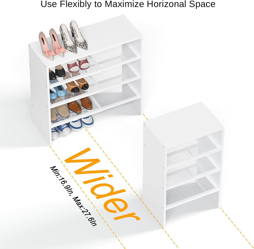 4-Tier Expandable Shoe Rack for Closet,White Shoe Organizer Shelf for Entrywa...