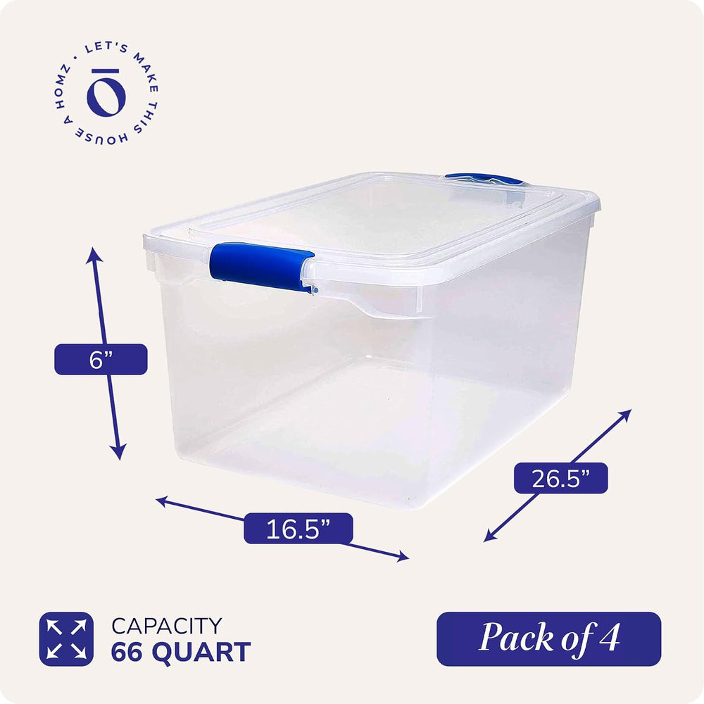HOMZ Secure Latch, Clear Plastic Storage Organizer Bins, 66 Quart, 4 Pack