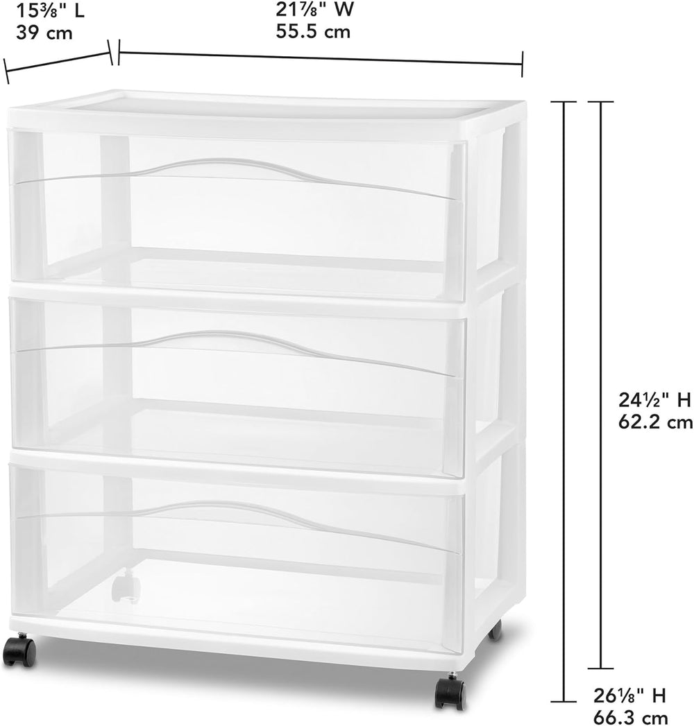 Sterilite Wide 3 Drawer Storage Cart Plastic Rolling Organizer, White Frame