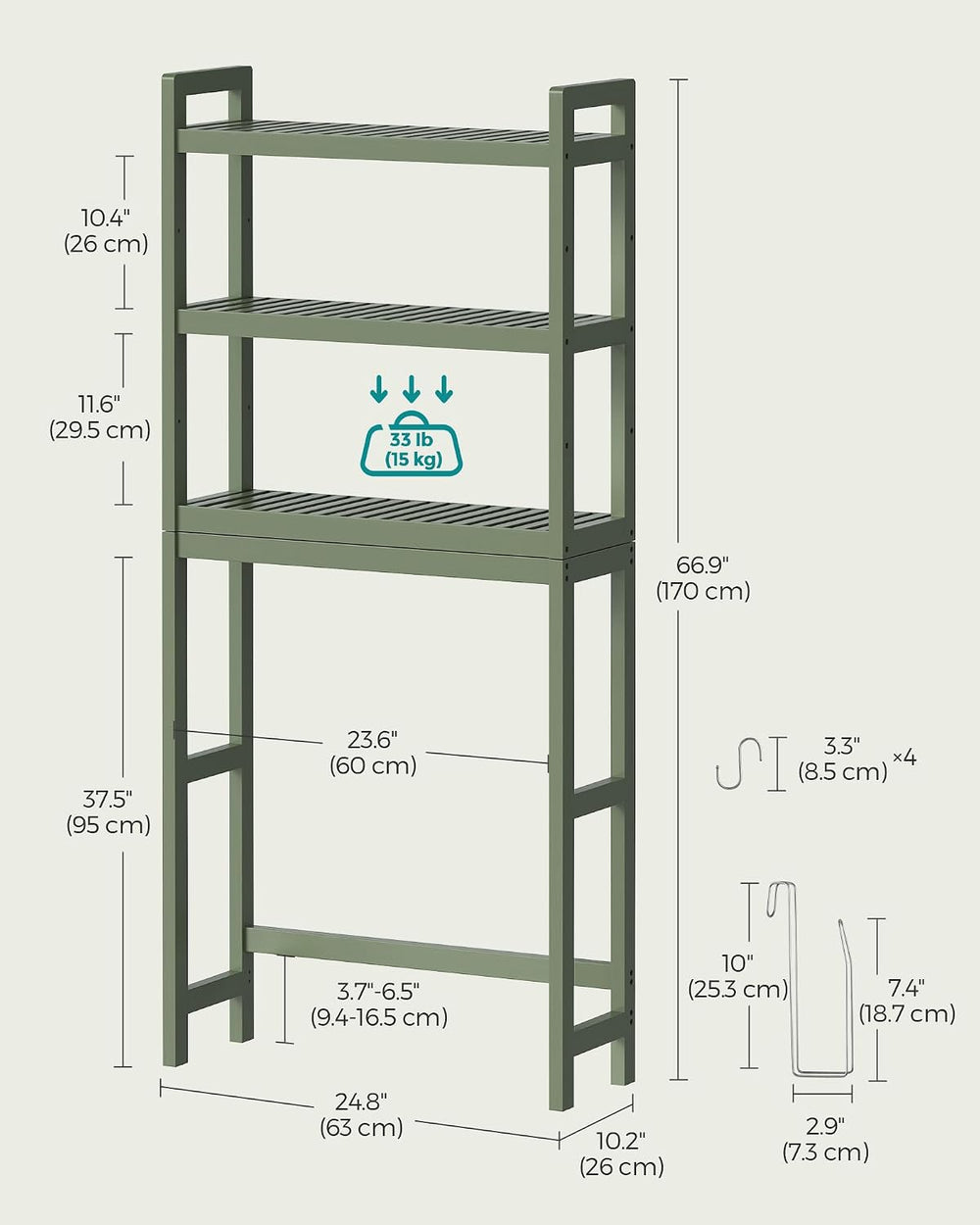 SONGMICS 3-Tier Bamboo Over The Toilet Storage, Adjustable Shelf, 66.9'
