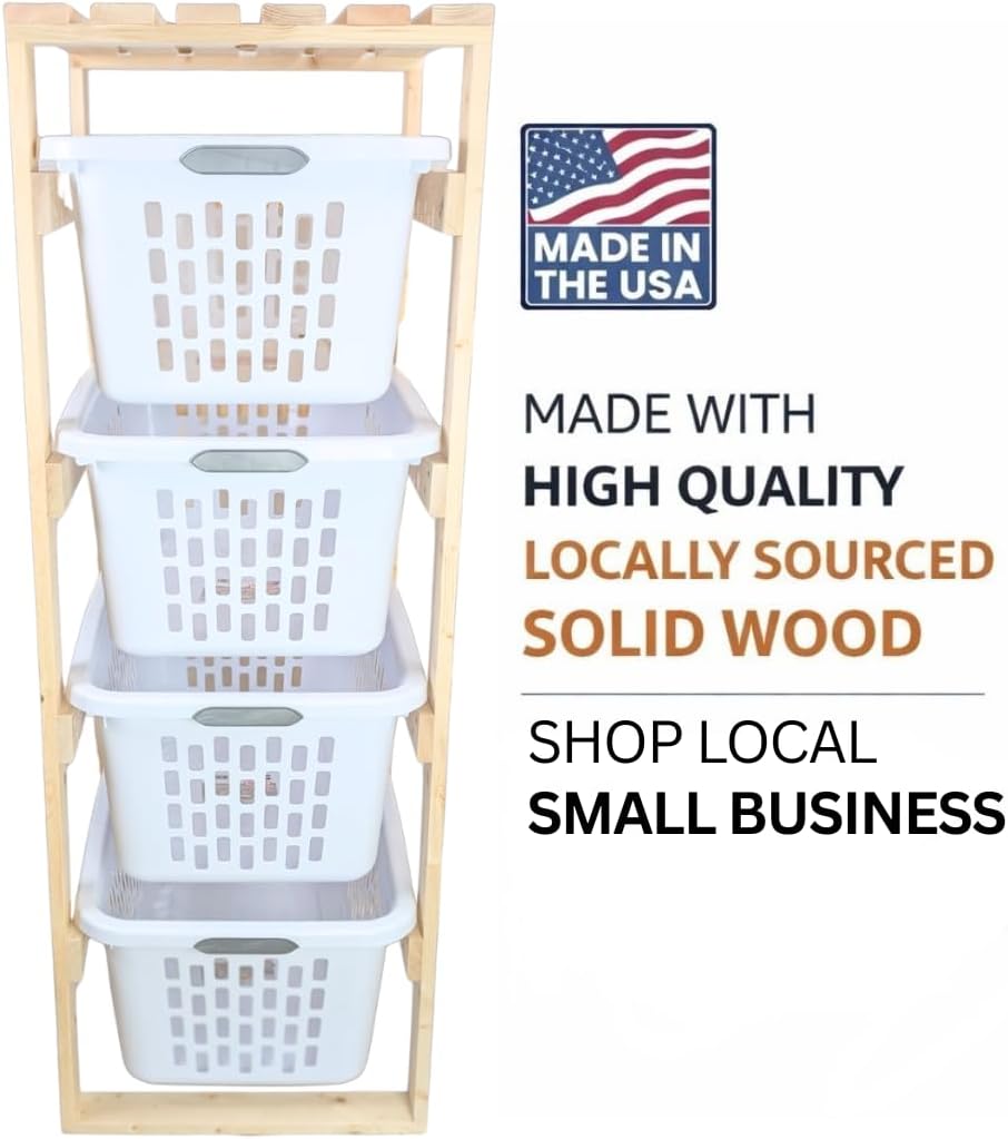 4 Tier Narrow Solid Wood Laundry Basket Storage Organizer