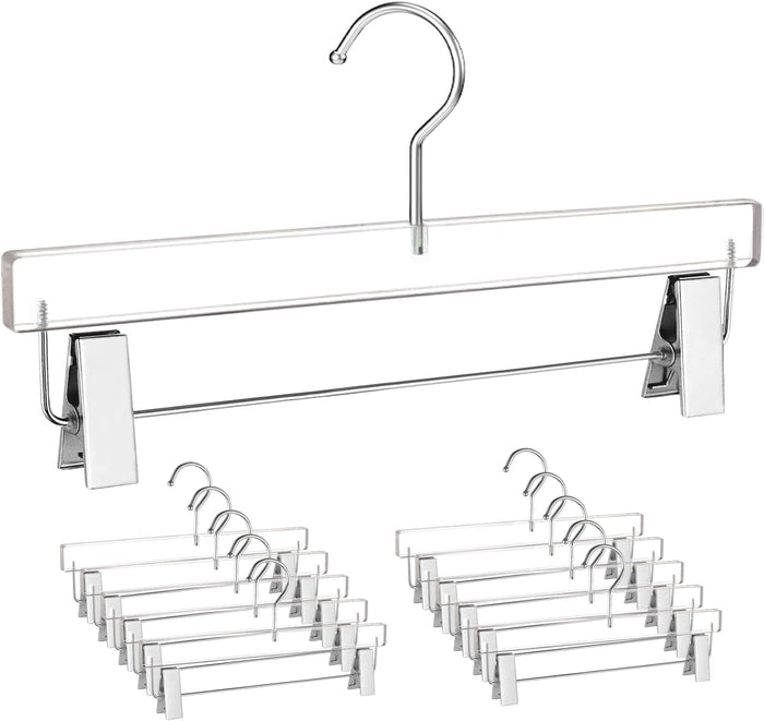 Besser Acrylic Pants Hanger 10 Pcs,Clear Acrylic Hangers with Bright Silver Clips,Lxurious Skirt Pants Hangers Clips for Clothing Closet Storage