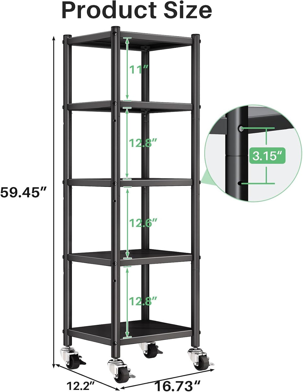 PXRACK 5-Tier Kitchen Storage Shelves, Adjustable Metal Shelves for Storage P...