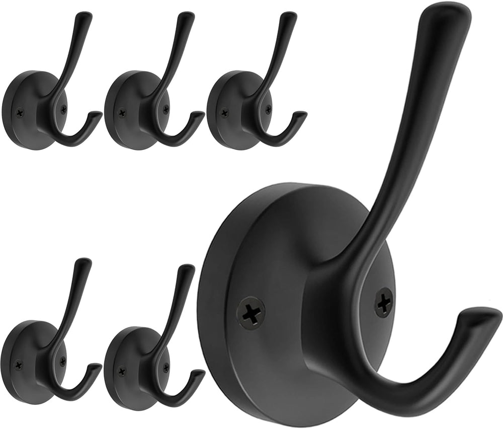 TOFIIGREM Black Wall Hooks, 6 Pack Coat Towel Hook Heavy Duty Metal Double Ba...
