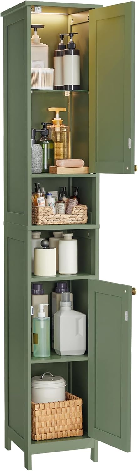 VASAGLE Tall Storage Cabinet with Lights, Slim, 11.8" W, Forest Green