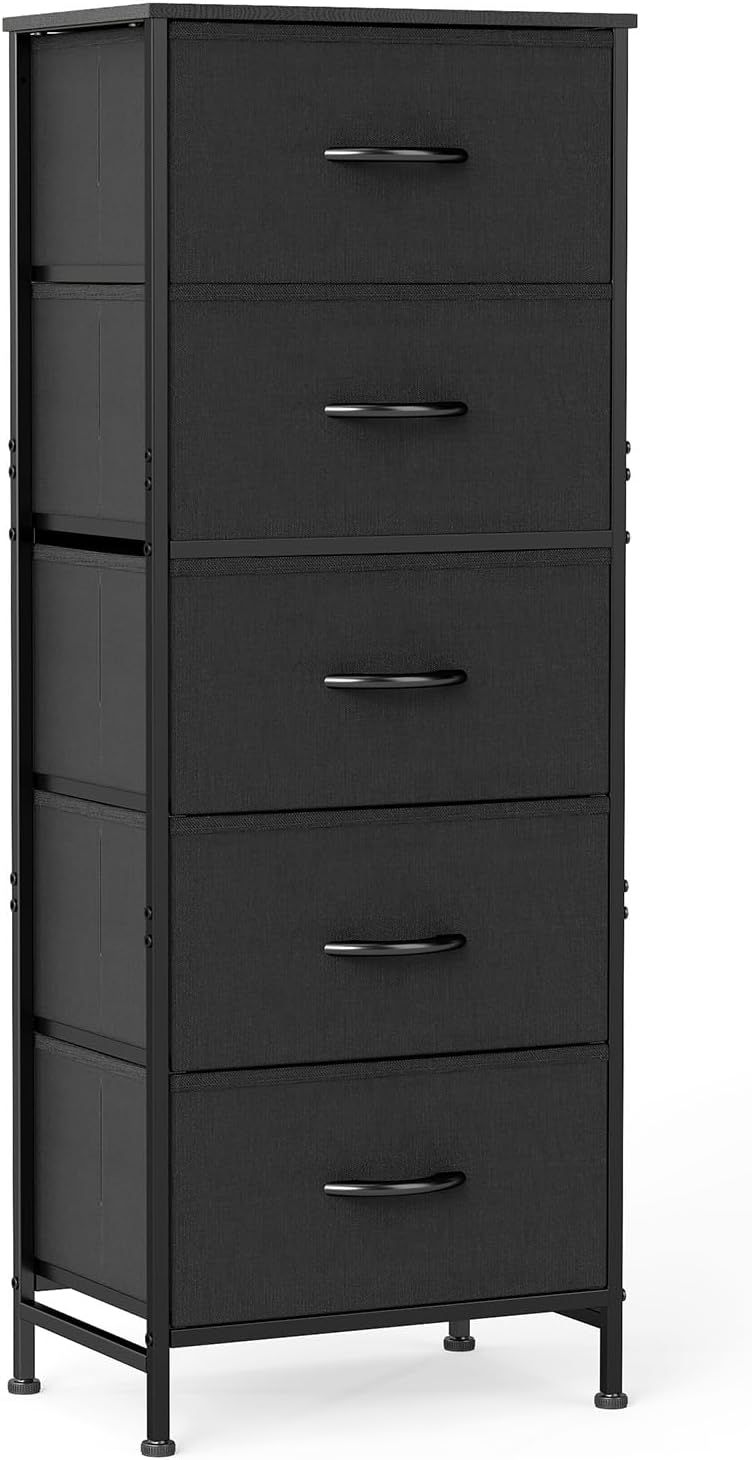 OLIXIS Tall 5 Drawer Fabric Dresser Storage Tower Bedroom Organizer, Black